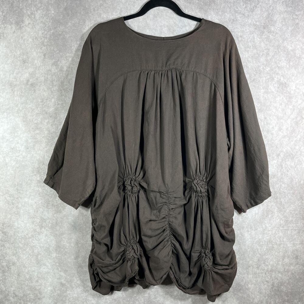 Halu Gypsy Tunic Womens Large Brown Boho Balloon Sleeve Ruched Oversized Dressy